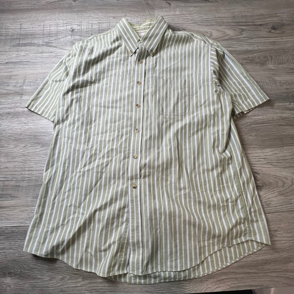 L.L. Bean Button Down Shirt Mens XL Green Striped Trim Fit Short Sleeve Cotton